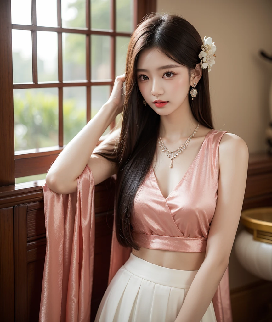 1 Girl, long_hair, portrait, Upper Body, china transparent silk skirt, skirt, hair ornament, necklace, Jewelry, long hair, earrings, Chinese clothes