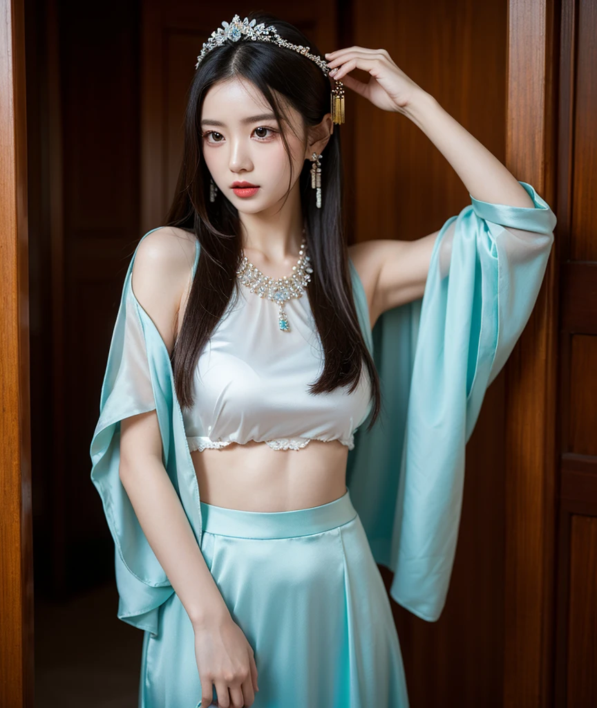 1 Girl, long_hair, portrait, Upper Body, china transparent silk skirt, skirt, hair ornament, necklace, Jewelry, long hair, earrings, Chinese clothes