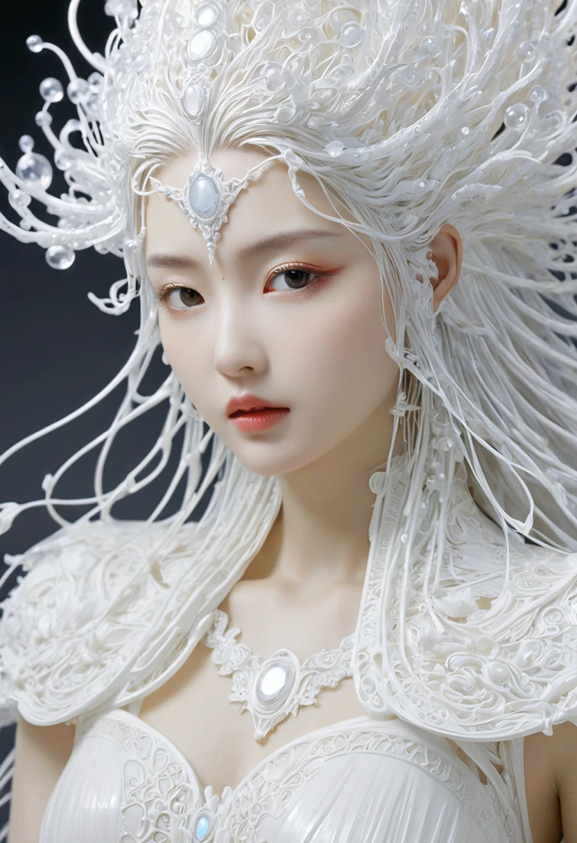 organic, White plastic, Diffuse lighting, fantasy, complex, elegant, Very detailed, Artworks of Yoshitaka Amano