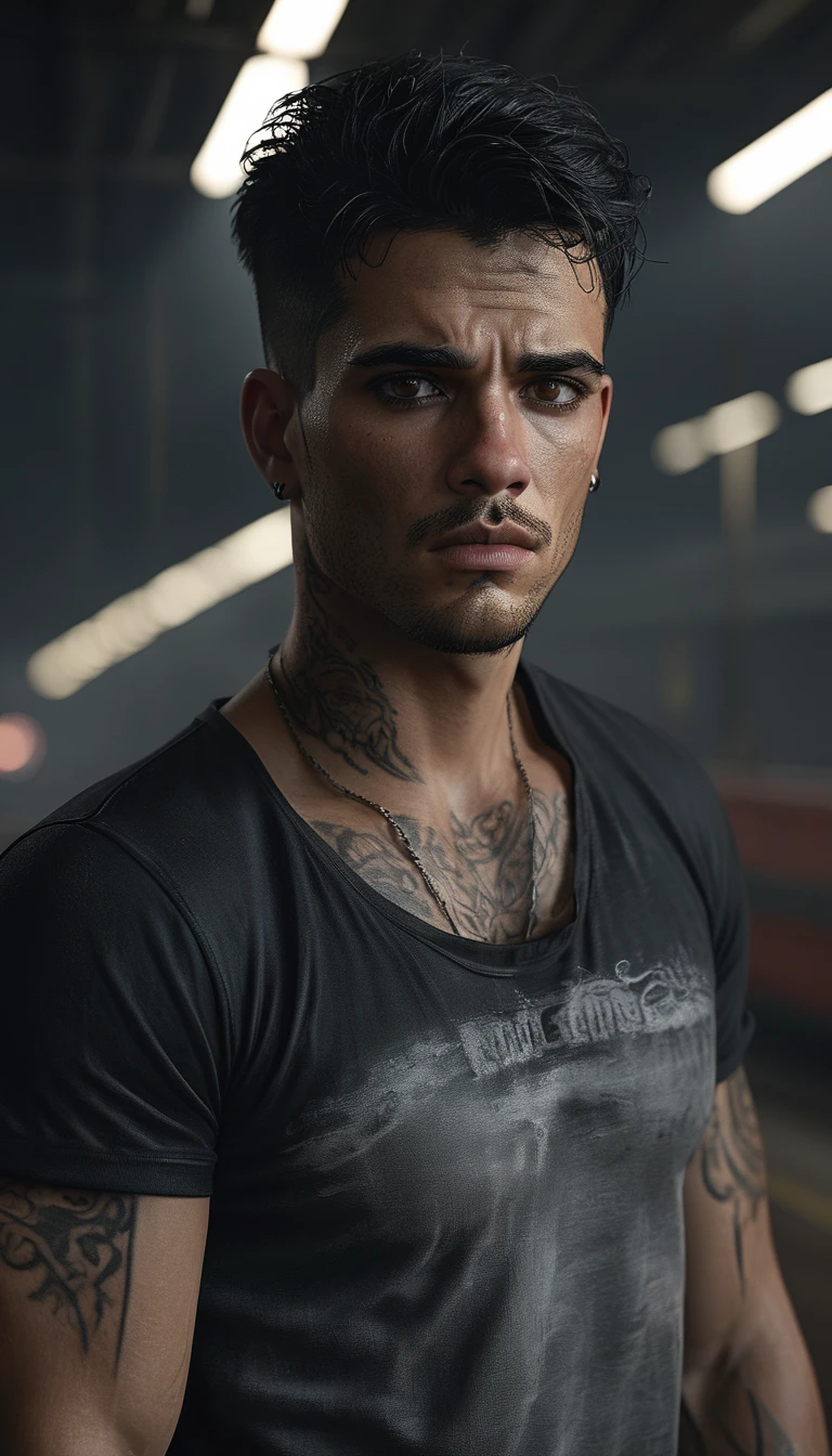 1 man, 25 age, inside a clandestine race track, wearing a black shirt, detailed facial features, beautiful black and masculine eyes, detailed light skin, medium length black hair, strong expression, tattoos on the body, dramatic lighting, cinematic composition, cold and dark colors , atmospheric fog, strong chin, manly man, night, showing only half of the body, (best quality, 4K, 8K, high resolution, art: 1.2), ultra-detailed, (realistic, photorealistic, photorealistic: 1.37)