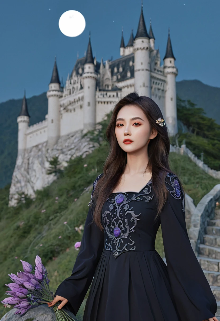 (masterpiece),(best quality), illustration, (fantasy:1.4), witch, cute detailed digital art, Pretty Face, 棕色的hair, hair, castle, Mountain, Long dark dress, A round of the moon, Flowers , Paper_cut