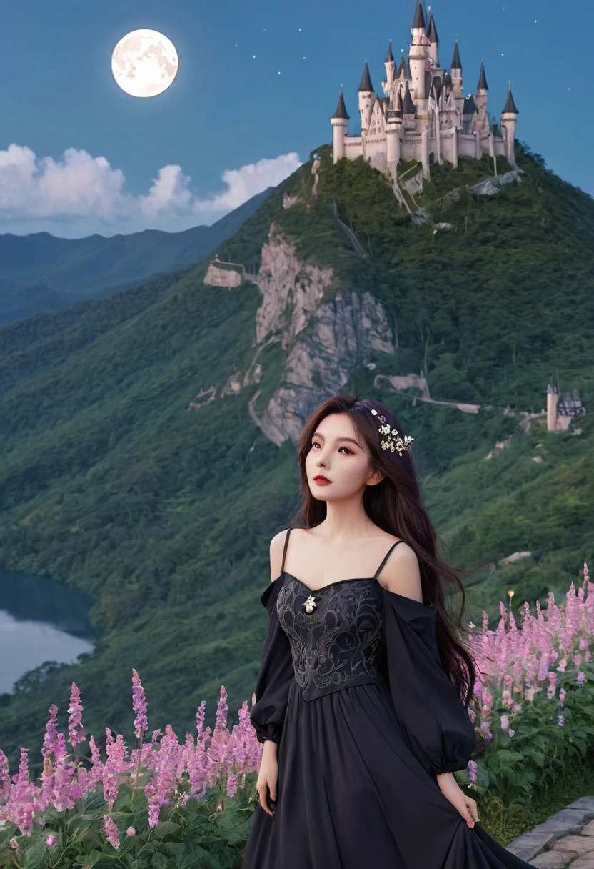 (masterpiece),(best quality), illustration, (fantasy:1.4), witch, cute detailed digital art, Pretty Face, 棕色的hair, hair, castle, Mountain, Long dark dress, A round of the moon, Flowers , Paper_cut