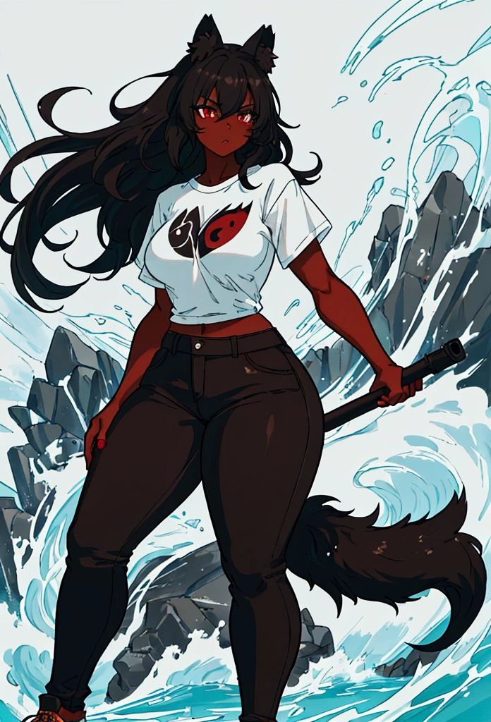 digital art drawing, illustration of (An Original Generic Character (OGC) with black hair styled in a disheveled manner, resembling the color of coal. Her long hair reaches her waist, framing it in a way that makes her appear slightly unkempt. The OGC has a noticeable curvy and muscular, adding a touch of character and intrigue to her appearance. The OGC is tall. The OGC has black wolf ears and a black wolf tail. The OGC has red eyes, giving her a splash of color. The OGC has brown skin because she is a black person. The OGC has a curvy body and is a bit muscular. She is dressed casually in a T-shirt and black pants, accessorized with a pair of worn sneakers.), anime drawing/art, bold linework, illustration, cel shaded, painterly style, digital art, best quality, masterpiece, 1girl, neat hands,