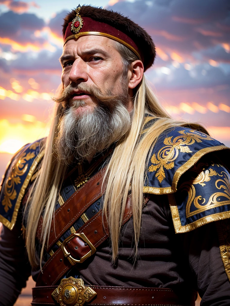 Magnificent portrait, photorealism, Ancient Russian warrior, full face, gray beard, long beard, brown eyes, wrinkles on the face, strong face, (national costume of the ancient Russian warrior)), looking at the viewer, (against the background of an ancient fortress), cloudy sky  , sunset, depth of field, bokeh