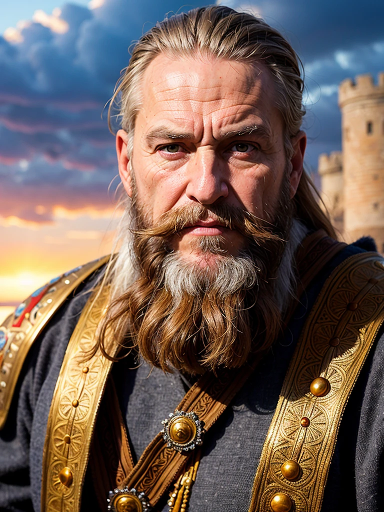 Magnificent portrait, photorealism, Ancient Russian warrior, full face, gray beard, long beard, brown eyes, wrinkles on the face, strong face, (national costume of the ancient Russian warrior)), looking at the viewer, (against the background of an ancient fortress), cloudy sky  , sunset, depth of field, bokeh