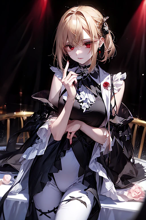 highest quality、Masterpiece、wear a y、Red eyes、Wearing a black aura、Staring blankly at the audience、Best Images、Tabletop、Cross Earrings、Beautiful woman、Sexress、