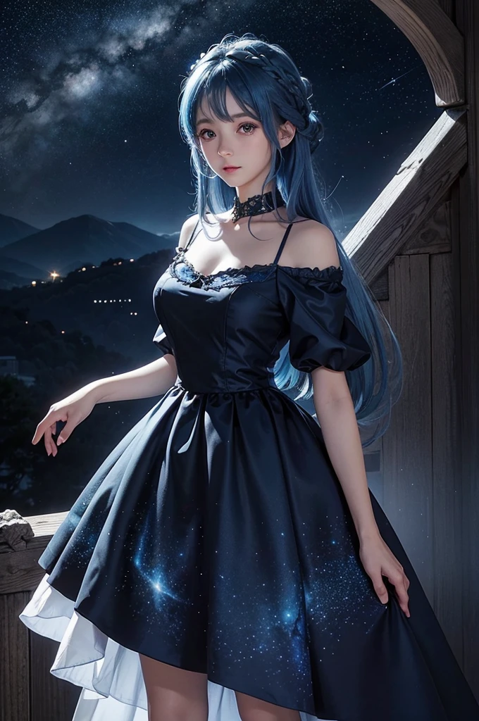 Ultra HD、Blue haired girl character、Perfect big eyes、Night scene with starry sky background、Wearing a gorgeous dress、Subtle details、A fantastic atmosphere、Anime style