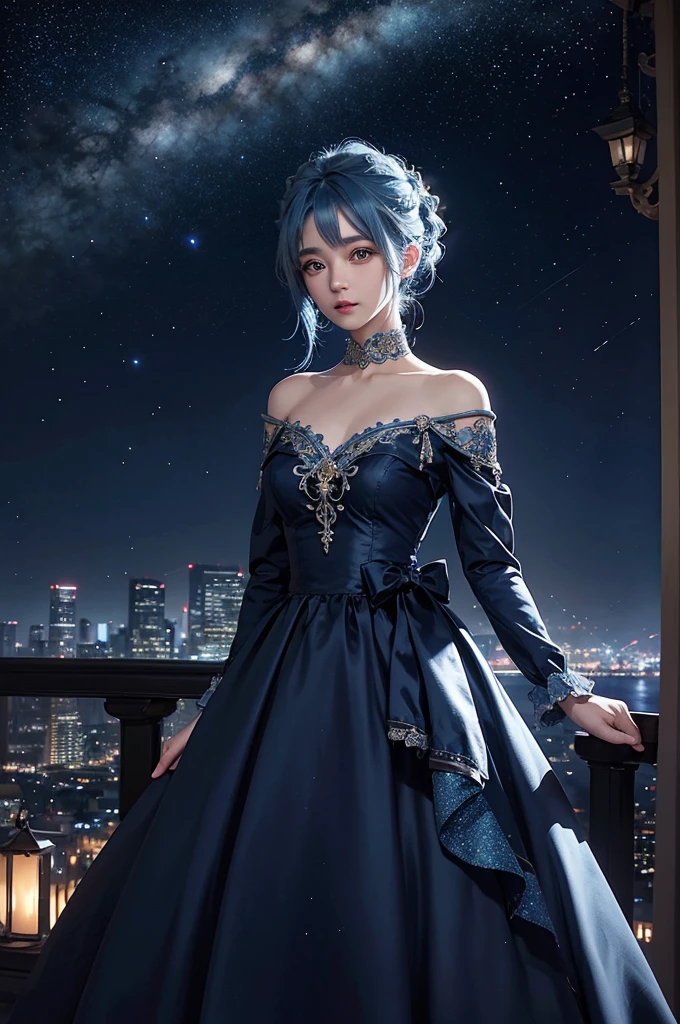Ultra HD、Blue haired girl character、Perfect big eyes、Night scene with starry sky background、Wearing a gorgeous dress、Subtle details、A fantastic atmosphere、Anime style