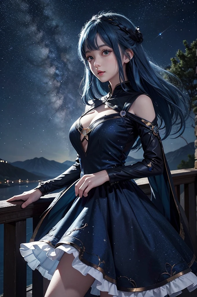 Ultra HD、Blue haired girl character、Perfect big eyes、Night scene with starry sky background、Wearing a gorgeous dress、Subtle details、A fantastic atmosphere、Anime style