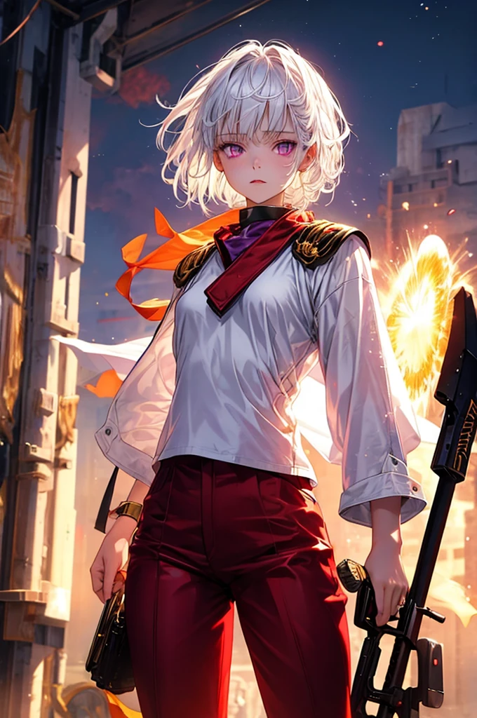 14-year-old girl, Good person, White skinned albino, White Hair, Purple eyes, Light firepower, The power of the sun, Pyrokinesis, material manipulation, No anger, Golden Clothes, Fully clothed, Wear a shirt, No muscles