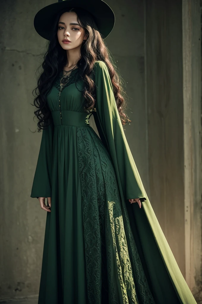 a woman in a long-sleeved green dress with long black curly hair and a witch's hat on a forest background