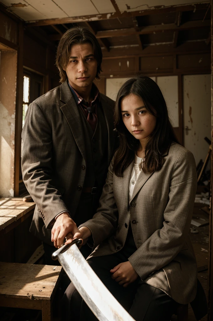a young girl was sitting holding a teddy bear, wearing a , accompanied by a man wearing a neat suit while holding a katana sword that had blood stains on it. in abandoned house as a background.