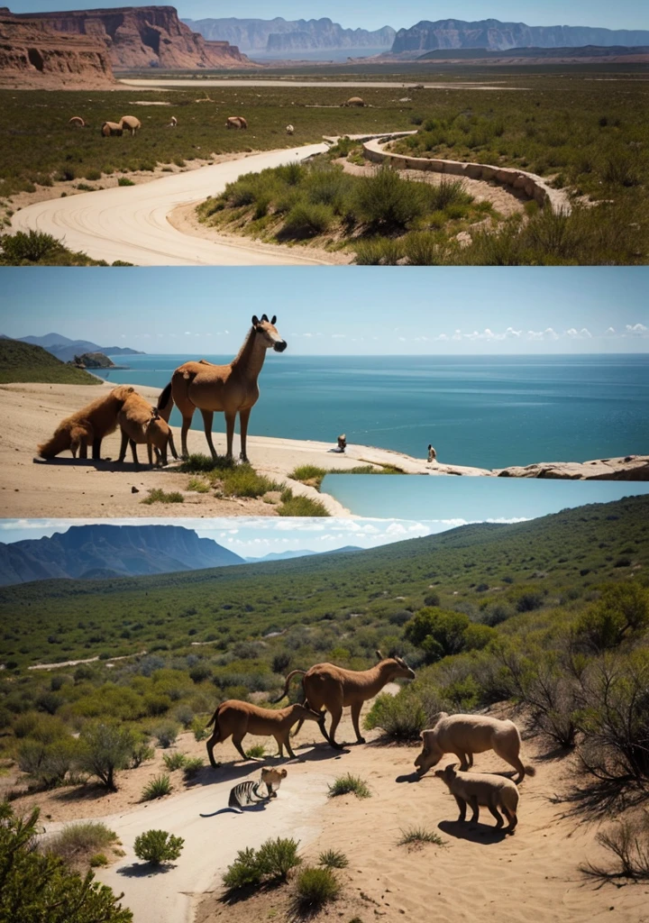 Animals gathering around a desert oasis.