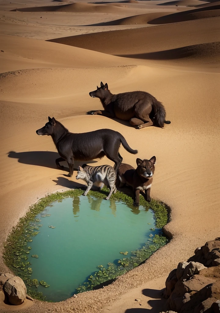 Animals gathering around a desert oasis.