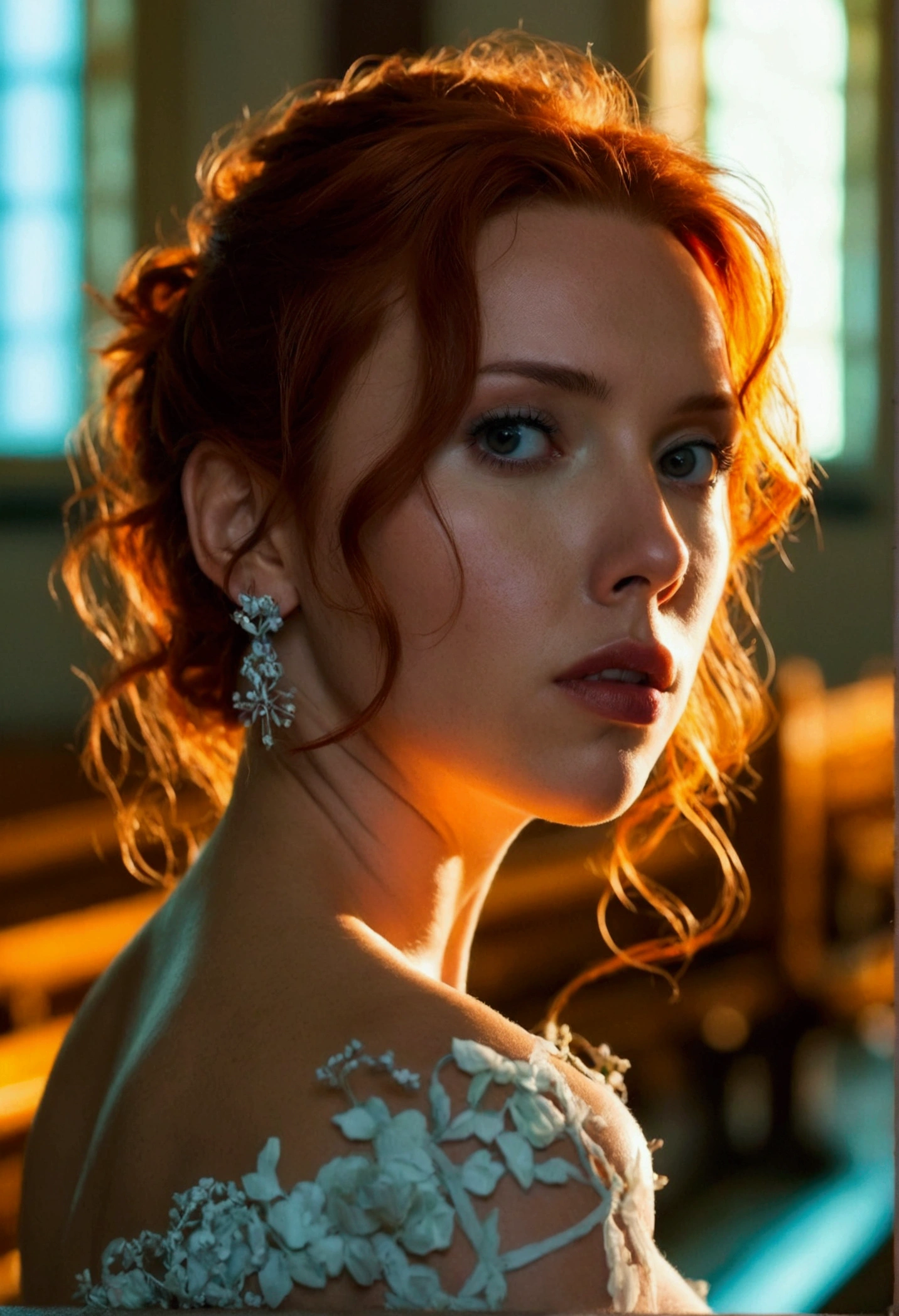 red haired woman tender look, features similar to scarlet johansson in a church, naked quadruped pose