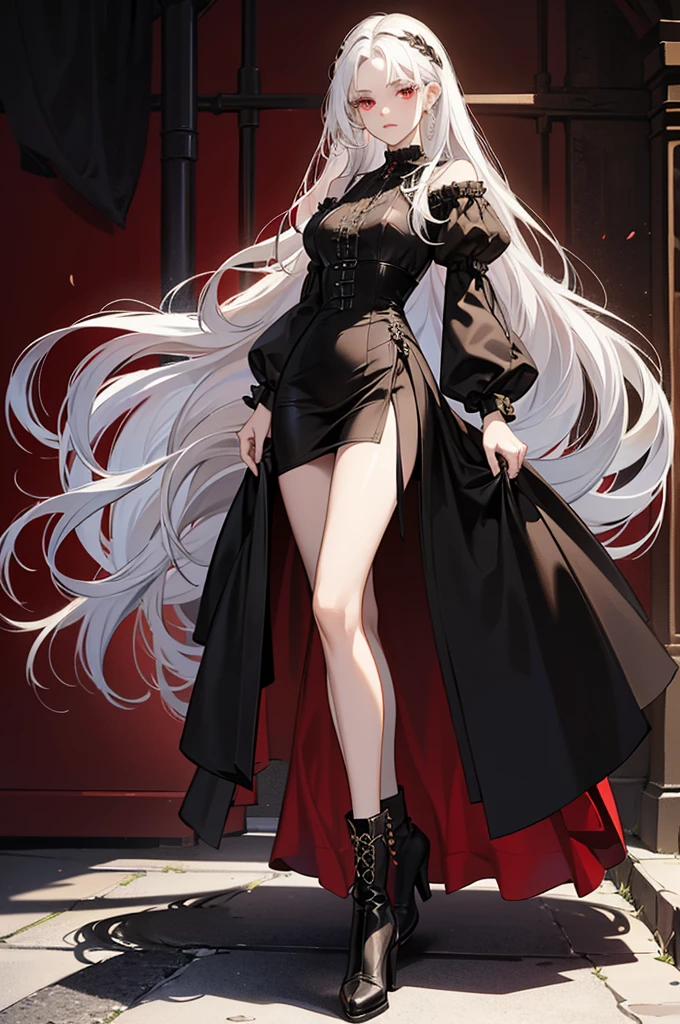 Girl, 20 years old, with long white hair down to below her waist, a serious yet tender expression, and red eyes. Her hair features black streaks. She wears antique-style clothing, a long black dress with a slit on the legs, and high black boots that almost reach her knees. Her power and background are related to shadows and darkness.