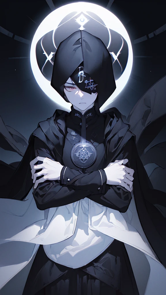 ((((Mysterioso obras maestra, suma calidad, ultra alta resolución)))), 1man, neutral_standing, (jet black hair, shadow covering eyes:1), long hooded cloak, pale skin, ((red eyes, glowing eyes)), ((intricately detailed features:0.8, dark circles under eyes)), ((centered)), (full body, shadowy environment:0.9), medium build, looking off to the side, ((half closed eyes, constantly blinking)), ((perfectly detailed hands)), (((head:1, arms, torso, hands, knees in view, wearing cloak))), ((hands hidden in cloak)), dark eyes, beautiful lighting, indoor, shadowy, ((defined subject, focus on eyes and face)), 30 years old, (slightly stooped over), (((mysterious))), ((intimidating)), (((black and white, high contrast)))