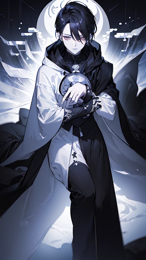 ((((Mysterioso obras maestra, suma calidad, ultra alta resolución)))), 1man, neutral_standing, (jet black hair, shadow covering eyes:1), long hooded cloak, pale skin, ((red eyes, glowing eyes)), ((intricately detailed features:0.8, dark circles under eyes)), ((centered)), (full body, shadowy environment:0.9), medium build, looking off to the side, ((half closed eyes, constantly blinking)), ((perfectly detailed hands)), (((head:1, arms, torso, hands, knees in view, wearing cloak))), ((hands hidden in cloak)), dark eyes, beautiful lighting, indoor, shadowy, ((defined subject, focus on eyes and face)), 30 years old, (slightly stooped over), (((mysterious))), ((intimidating)), (((black and white, high contrast)))
