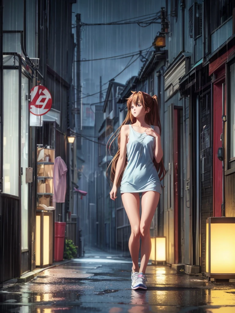 Girl, blue short tight dress , Bare breasts, chest visible, street background, Narrow passage between houses, night, rain, slim body, In full growth, Sneakers, small breast