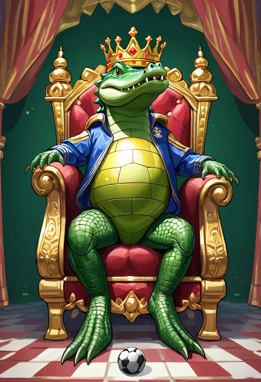 "Generate an image of an alligator sitting on a throne, wearing a crown and with a soccer ball under his foot.