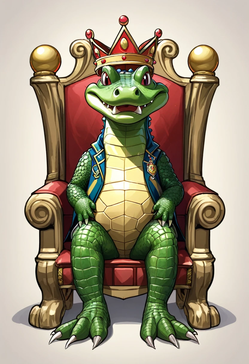 "Generate an image of an alligator sitting on a throne, wearing a crown and with a soccer ball under his foot.