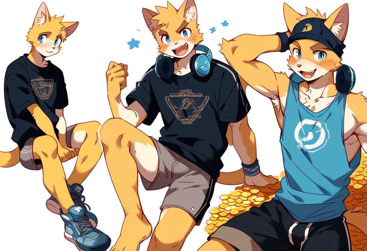 score_9, score_8_up, score_7_up, male, furry, high quality, hires, anthro, teenager, 16 years old, domestic cat, bright yellow fur, blue eyes, wide brown eyebrows, an excited expression, humanoid feet, slim body, prominent v-line, prominent abs, prominent legs, prominent forearm, prominent knees, white background, treasure trail, armpit hair, furry legs, in various sexy poses, headphones, casual clothes, joggers, shorts, showing off, sitting, patting his legs