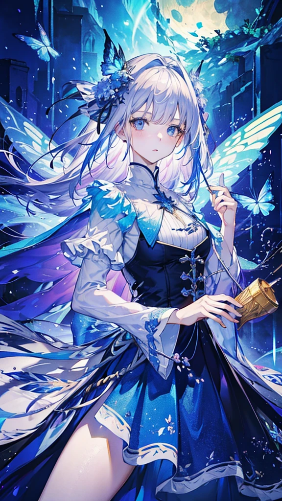 Highest quality,masterpiece,colorful,The background is the World Tree,Transparency,Use HDR technology to create a sense of depth,beautiful,beautiful自然,A girl dressed in wizard-style clothing,Narrow and gentle eyes,mysterious,Silver hair decorated with blue flowers,Fantasy atmosphere,beautiful虹色の蝶々is flying in the air