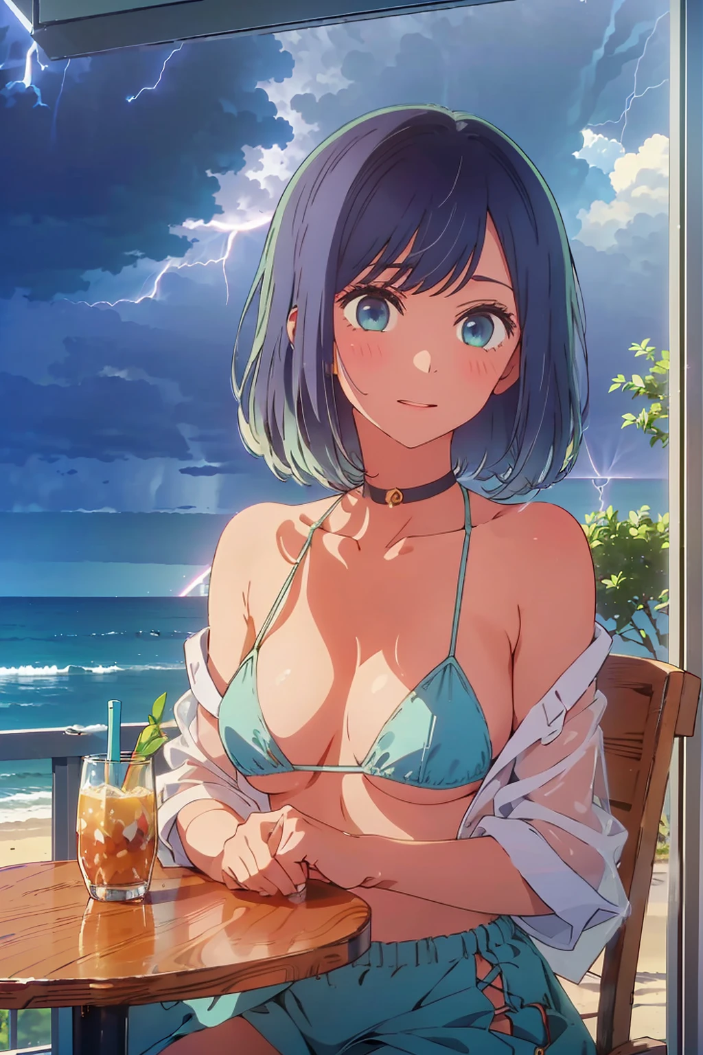 (Highest quality:1.4、masterpiece:1.uper detailed:1.4、8K:1.4)、((((1 person、Surprised expression、sit、Indoor cafe terrace、coastal、juice、table、Sandy Beach、juiceのグラスを持つ、Micro Bikini、Very soft boog eyes、Very cute face))))、(with rain:1.4、with a thunderstorm:1.4)、F cup bust、Medium breast、Uob、Sideboob