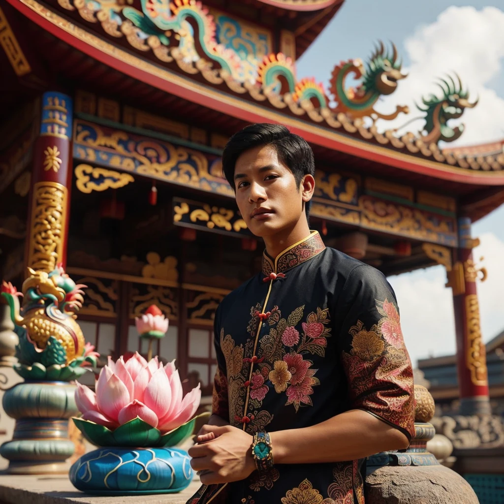 arafed asian man in traditional clothing standing in front of a building, with acient chinese clothes, chinese style, with a chinese temple, traditional chinese clothing, inspired by Gong Xian, inspired by Chen Hong, with ancient chinese aesthetic, inspired by Gong Kai, standing gracefully upon a lotus, inspired by Xie Huan, standing on a lotus