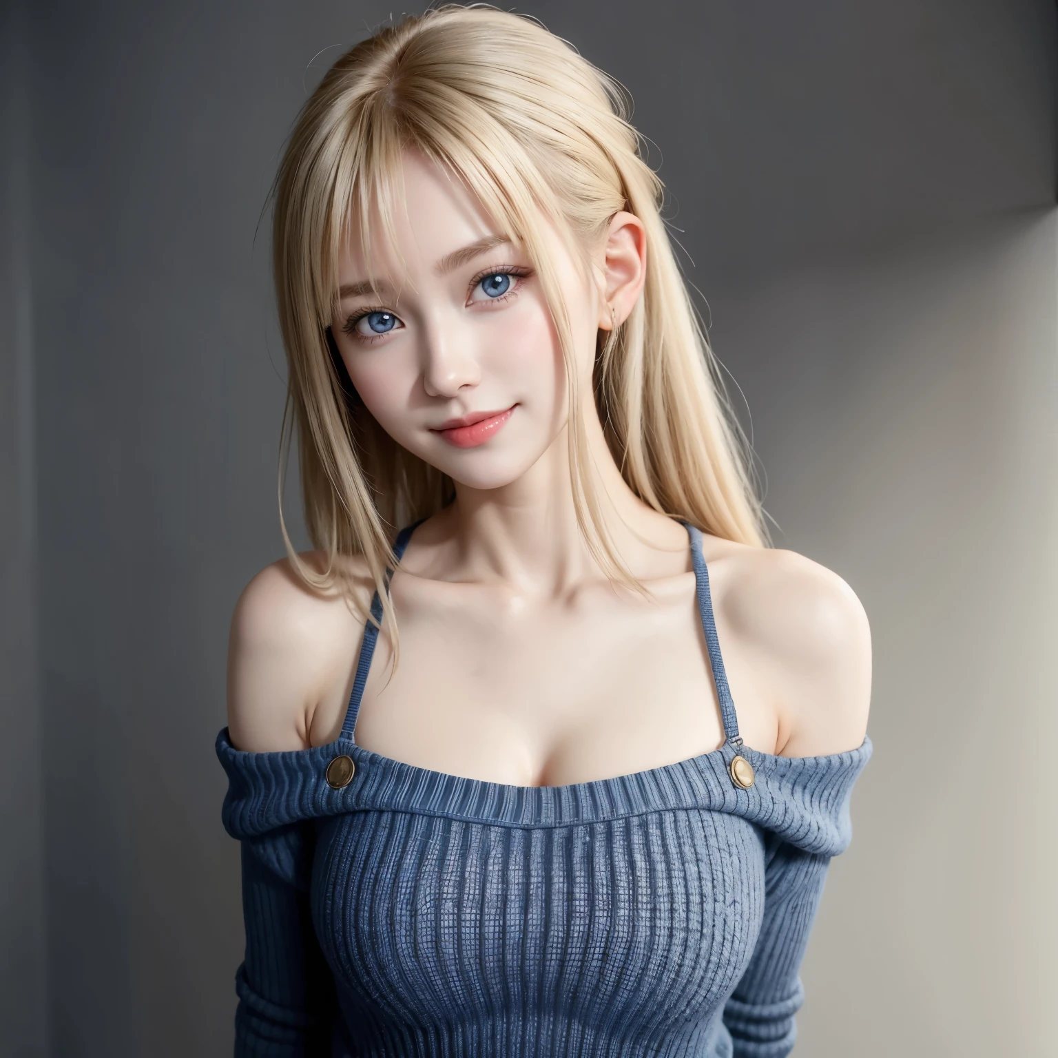 (Best quality, masterpiece, detailed), (RAW, 4k, hd images), 1 girl, , white skin, long hair, ponytail, layers hair, bangs, blondie hair, beautiful girl, cute girl, sweet girl, pretty girl, perfect girl, perfect body, pretty eyes, blue eyes, thin lips, (eye line, lip soft), perfect round breast, simple background, smile, waist, hips, sweater, half body, modeling pose, free style pose, random angle capture