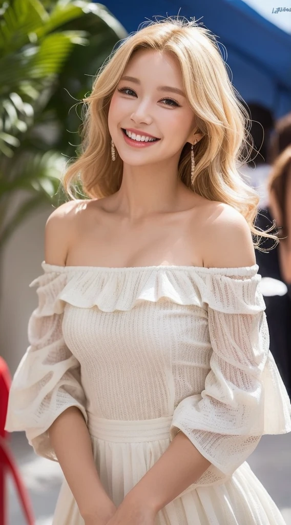 Surreal beautiful woman with blonde wavy hair and a big smile on her face.South Korea.Pure white off-shoulder low-cut dress.role play.Flirting
