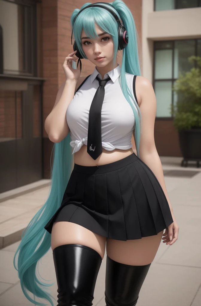 (best quality,4k,8k,highres,masterpiece:1.2), ultra-detailed, (realistic,photorealistic,photo-realistic:1.37), HDR, UHD, studio lighting, ultra-fine painting, sharp focus, physically-based rendering, extreme detail description, professional, vivid colors, bokeh, portraits, photography, (best quality,masterpiece:1.3), (mature woman, milf), (tall:1.2), anime, masterpiece, beautiful eyes, best quality, detailed face, 1girl, solo, beautiful, miku hatsune, ahoge, aqua eyes, aqua hair, crossed bangs, hair between eyes, hair ornament, headphones, long hair, twintails, aqua necktie, black footwear, black skirt, black sleeves, boots, collared shirt, detached sleeves, grey shirt, necktie, pleated skirt, shirt, skirt, sleeveless, sleeveless shirt, thigh boots, tie clip, taut clothes, taut shirt, cowboy shot, huge breasts, huge belly, bloated belly, stuffed belly, plump, chubby, curvy, chubby girl, belly, big belly, fat belly, soft shading, detailed, semi-realistic, sciamano240