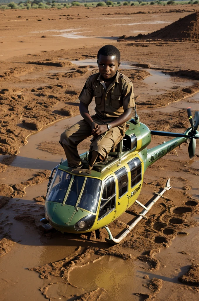 An African boy in a helicopter made of mud