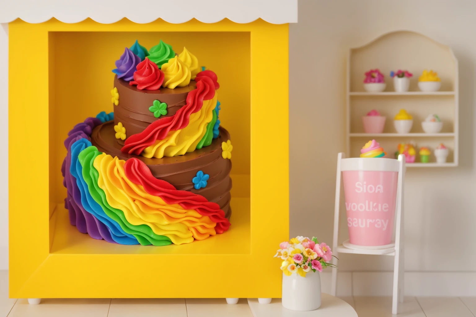 worth a toy plastic yellow store, inside the store chocolate cake with rainbow cream. there is a plastic banner next to it, next to it is a vase of flowers, next to the wall hangs a wooden shelf with carvings on which lie bright sweets, bakery shop scene with torti inside, Beautiful light from the window, contour light, Multiple light sources, beautiful lighting, Bright light source, bright lighting, beautiful light sources, Multiple light sources, Realistic style , realistic texture, detailed texture, A high resolution, high quality, realistic photo, ultra hd 4k,