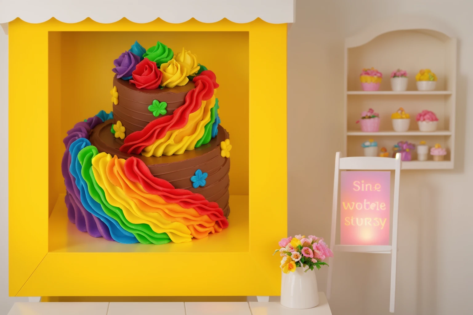 worth a toy plastic yellow store, inside the store chocolate cake with rainbow cream. there is a plastic banner next to it, next to it is a vase of flowers, next to the wall hangs a wooden shelf with carvings on which lie bright sweets, bakery shop scene with torti inside,  Beautiful light from the window, contour light, Multiple light sources, beautiful lighting, Bright light source, bright lighting, beautiful light sources, Multiple light sources, Realistic style , realistic texture, detailed texture, A high resolution, high quality, realistic photo, ultra hd 4k,