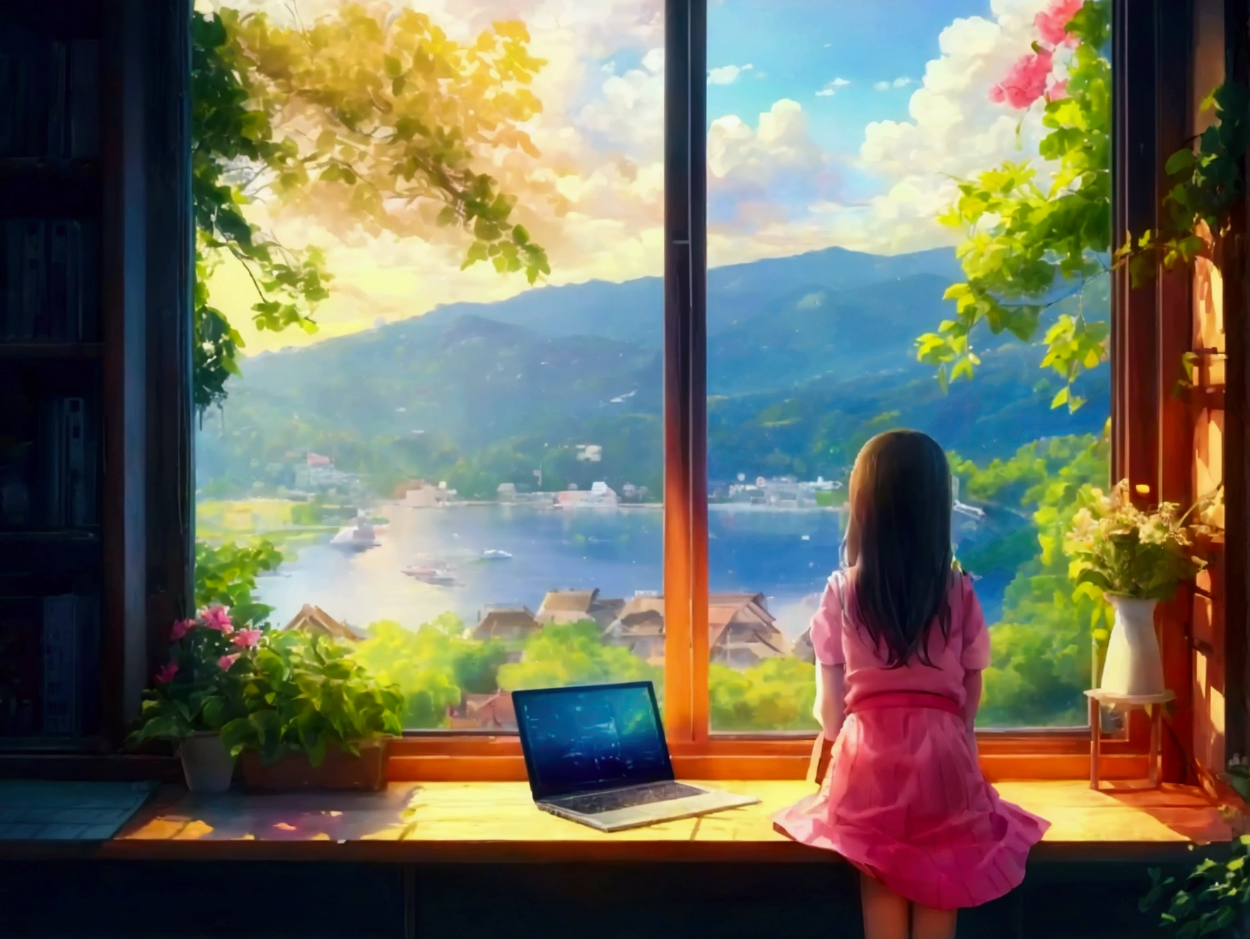 Window seat、Girl looking at laptop on table、Outside the window is a view of early summer、Summer resort、