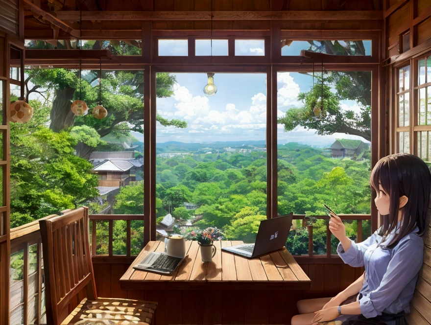 Window seat、Girl looking at laptop on table、Outside the window is a view of early summer、Summer resort、