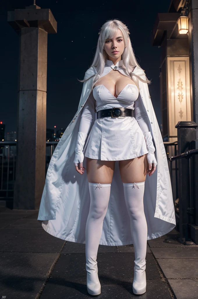 best quality,masterpiece,Master piece,extremely detailed CG unity 8k,cinemic lighting, yamashiro768, 1girl, solo, White hair, gloves, cape, long hair, white gloves, breasts, black pantyhose, belt, red cape, boots, blue footwear, full body, large breasts, hair ornament, looking at viewer, bangs, long sleeves, purple footwear, high heels , expressive eyes , heterochromia , Night city , Stand proudly