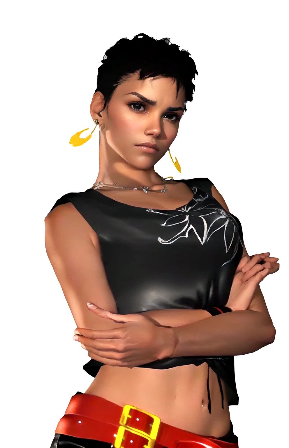 she's black, black hair, dark brown eyes, ((eyes turned to look at the camera)), swedish, as a character in Out Run 2, of SEGA, 3D CG from the 2000s, Holly, 2k, 2 k, ((disappointed face)), realistic, render of halle berry, fighting game character, from tekken, bright clean face, from devil may cry, wide open curious eyes, hands crossed, black leather shirt with black and white flower art on it, simple golden necklace and earrings, hands on the hips, red belt, red wristband, frowns, disappointed expression