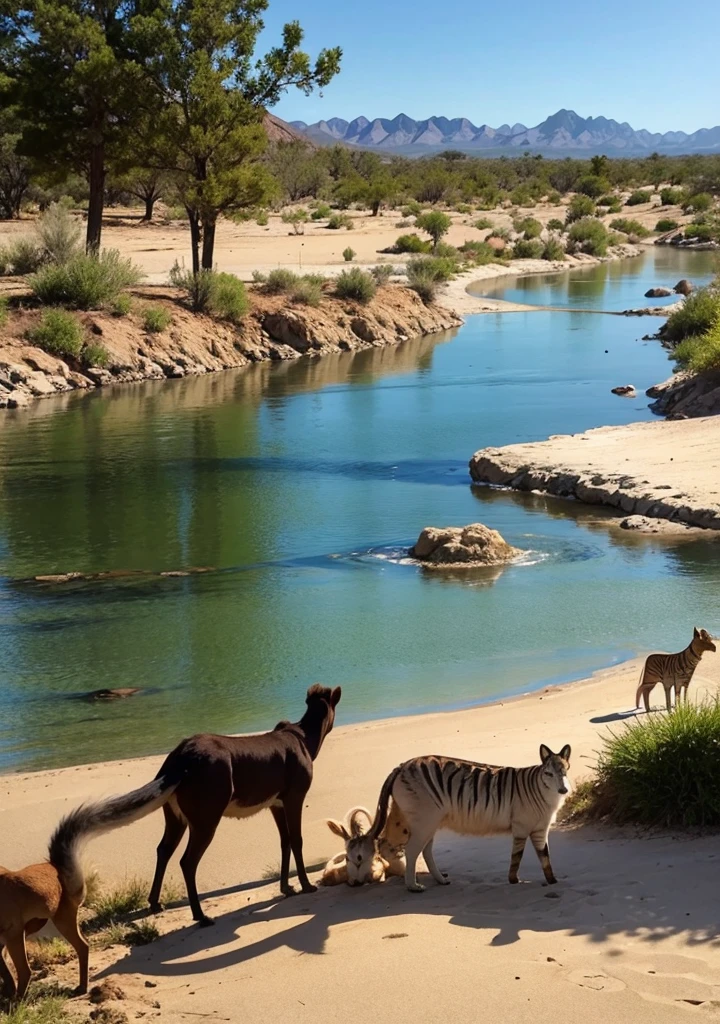 Animals gathering around a desert oasis.
