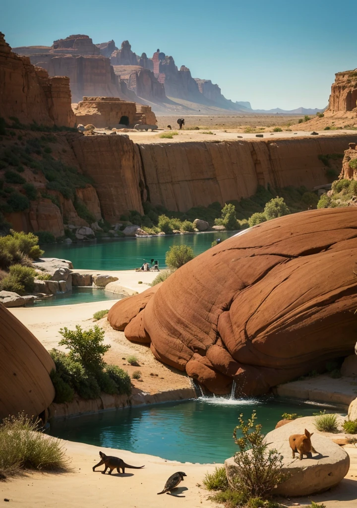 Animals gathering around a desert oasis.