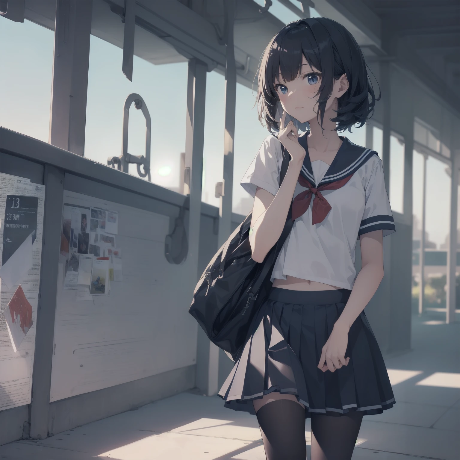 ultra-absurdres-Top quality by artist God, ultra-detailed, high resolution, anime moe artstyle, best anime 8k konachan wallpaper, pixiv contest winner, pool:2810, perfect anatomy,break, 1girl, (Please draw a girl walking sleepily to school alone. )break,(Solo,little female, 13-year-old:1.3),Full limbs, complete fingers,a junior high school student, (very short hair), short cut, flat chest, , small butt, small black eyes, beautiful detailed eyes, well-proportioned iris and pupils, expressive eyes, highres detailed hair, soft expression, salor school_uniform, sailor collar, serahuku, bow, pleated skirt,(Detailed Lighting), (Detailed background), in the School commute route. break,super detailed skin, Best cinematic lighting powered by famous artist, 8k,beauty illustration,photoshop_(medium),very aesthetic,break,((artist:miyo_(ranthath) )), artist:clamp ,artist:carnelian ,artist:kantoku ,
