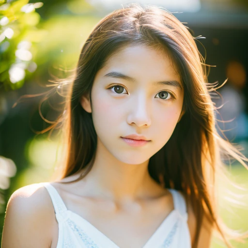 lens: 135mm f1.8,(Highest quality),(Tabletop:1.1), (Beautiful 14 year old Japanese girl),  (Moist lips), Narrow eyes, double eyelid,Delicate clavicle,Flat Chest,Shortcuts,
 (Let me&#39;Let&#39;s take another look), (close:1.4),  shame, A faint smile,
(Spotted sunlight:1.2), Dramatic lighting, 
(White camisole), (Sunburned skin:0.2),Full body photo、Full Body Focus