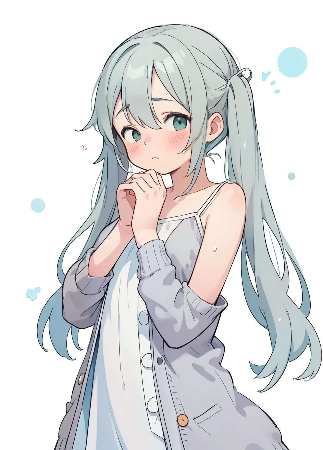 (masterpiece、Highest quality、Highest quality、Official Art、Beautiful and beautiful:1.2)、(One girl:1.3)Hatsune Miku、Twin tails,Beautiful breasts, masterpiece, Highest quality, (score_9, score_8_superior, score_7_superior), One girl, alone, Portraiture, Freezing nightwear, Green Eyes, Gray Hair, Long Hair, Messy Hair, White Dress, Spaghetti Straps, Sleeveless dress, Brown cardigan, Are standing, Scratching eyes with hands, Close one eye, one hand superior, Delicate hands, sleepy, Contorting the mouth, View your viewers, White Background, Simple Background, masterpiece, Highest quality
