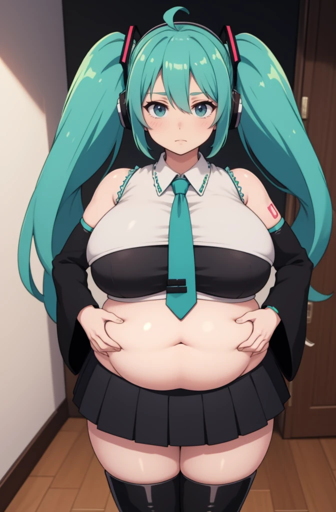 (Flat chest:1.0)(Obese:1.0)(Very small breasts:1.5)miku, default clothing, smiling, looking at viewer, solo