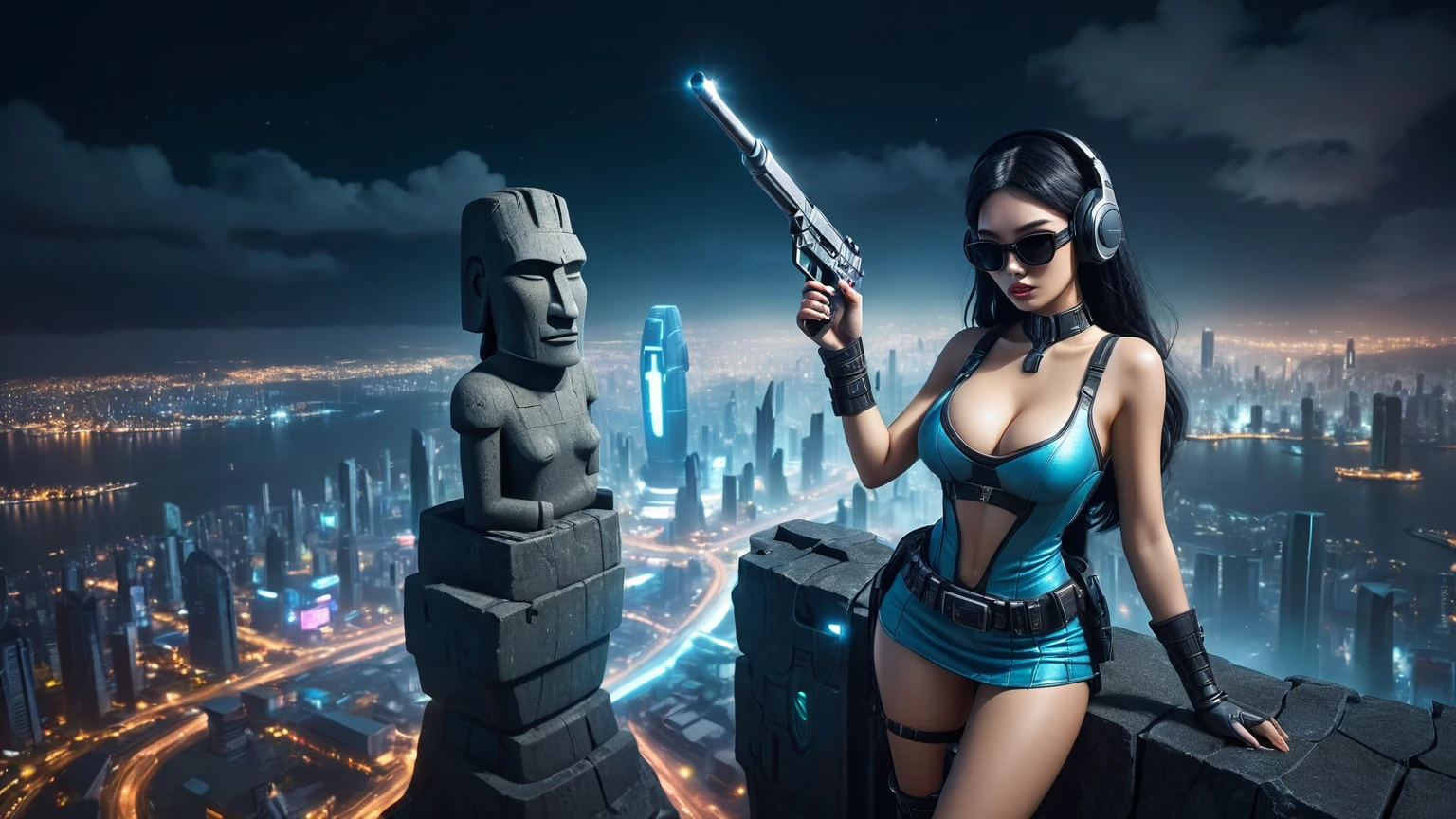 At night, dark sky, distant shot aerial view of fantasy cyberpunk style ((Moai-statue)) city, ((flying vehicle)). ((1girl, solo, alone)), medium-breast:1.1 slim body, cleavage, sexy clothes, (headphone, black sunglasses, long black realistic hair), (((hip-up standing and holding pistol))), half-body thigh level medium shot, cinematic lighting.