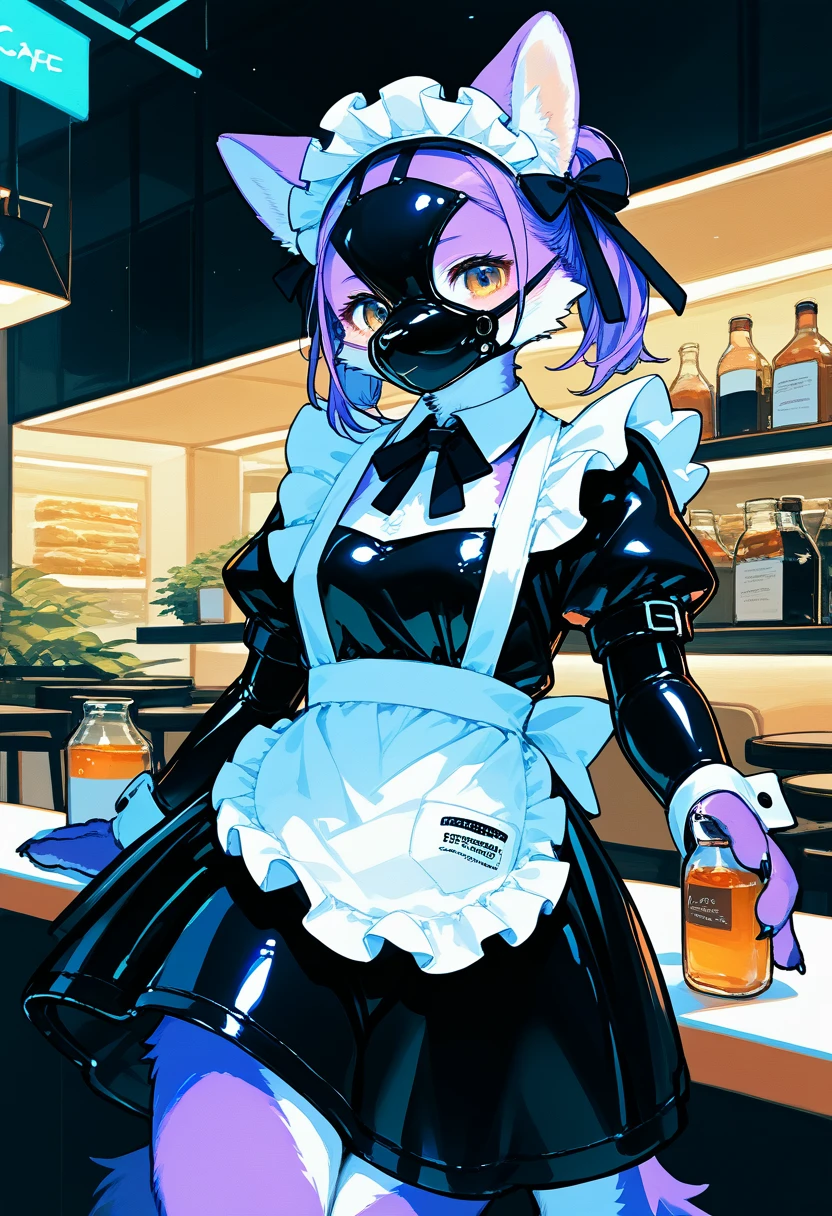 Highest quality, Highest quality, High quality illustrations, masterpiece, Ultra-high resolution, Detailed Background, maid Cafe, Bottle, Absurd, Perfect Anatomy, performance, Good lighting, Shadows in the movies(kemono, Furry Personifi猫ion), Rubber suit, Rubber suit, latex, neon, neonライト, neonカラー, Purple Rubber Maid Outfit, ribbon, Rubber mask