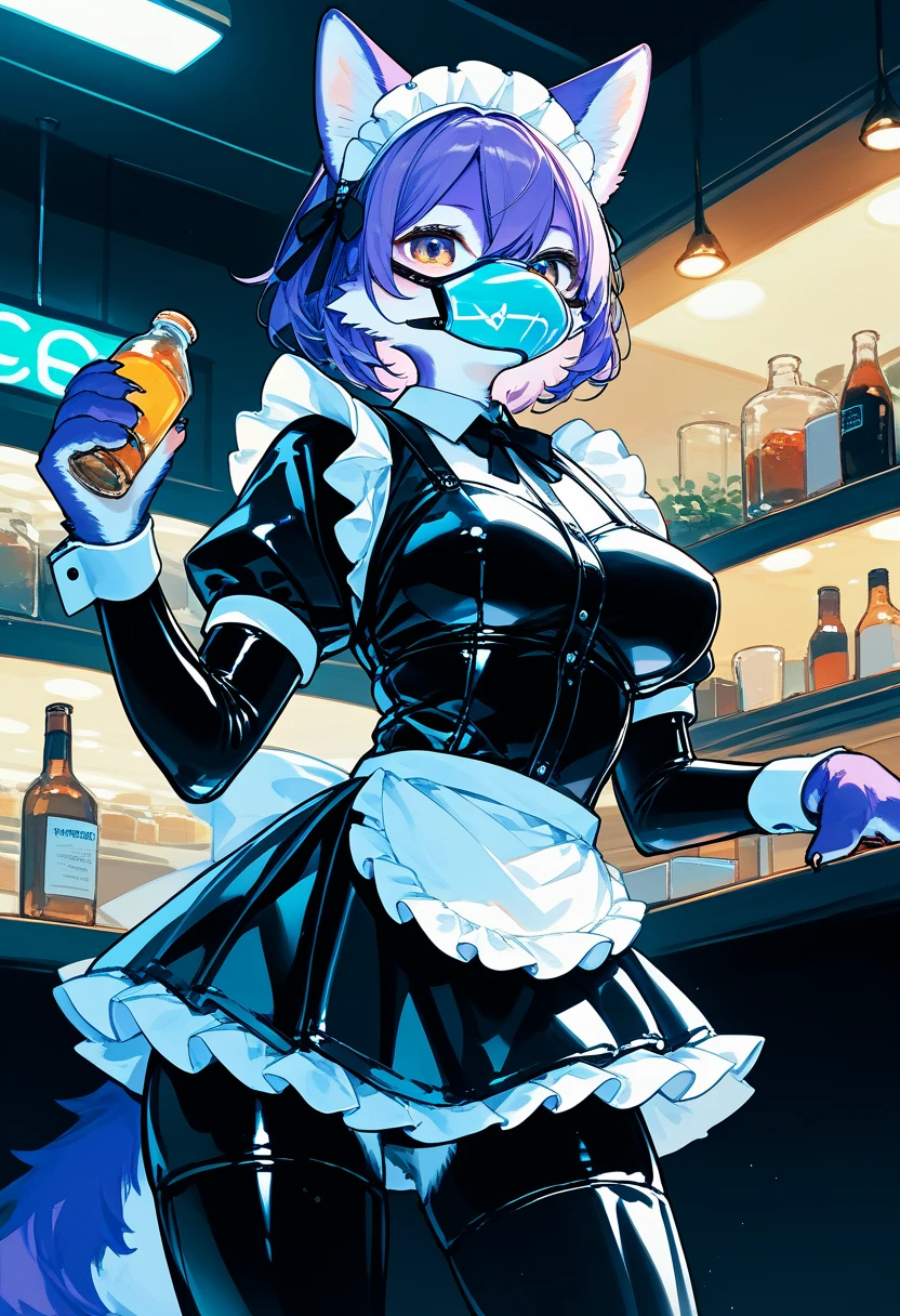 Highest quality, Highest quality, High quality illustrations, masterpiece, Ultra-high resolution, Detailed Background, maid Cafe, Bottle, Absurd, Perfect Anatomy, performance, Good lighting, Shadows in the movies(kemono, Furry Personifi猫ion), Rubber suit, Rubber suit, latex, neon, neonライト, neonカラー, Purple Rubber Maid Outfit, ribbon, Rubber mask