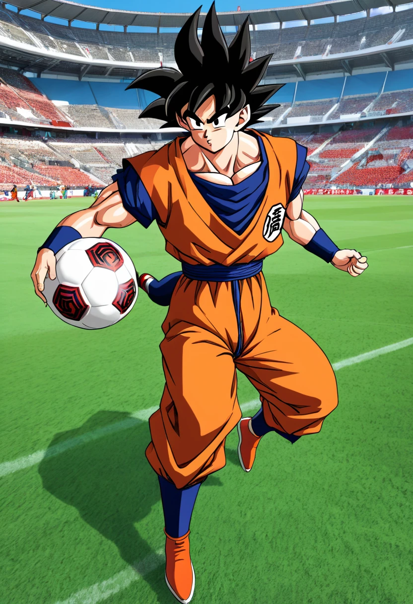 "Generate an image of the character Goku, do anime Dragon Ball, playing football at the São Paulo FC stadium, wearing the club uniform."