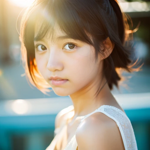 lens: 135mm f1.8,(Highest quality),(Tabletop:1.1), (Beautiful  Japanese girl),  (Moist lips), Narrow eyes, double eyelid,Delicate clavicle,Flat Chest,Shortcuts,
 (Let me&#39;Let&#39;s take another look),  shame, A faint smile,
(Spotted sunlight:1.2), Dramatic lighting, 
(White camisole), (Sunburned skin:0.2),Full body photo、Full Body Focus